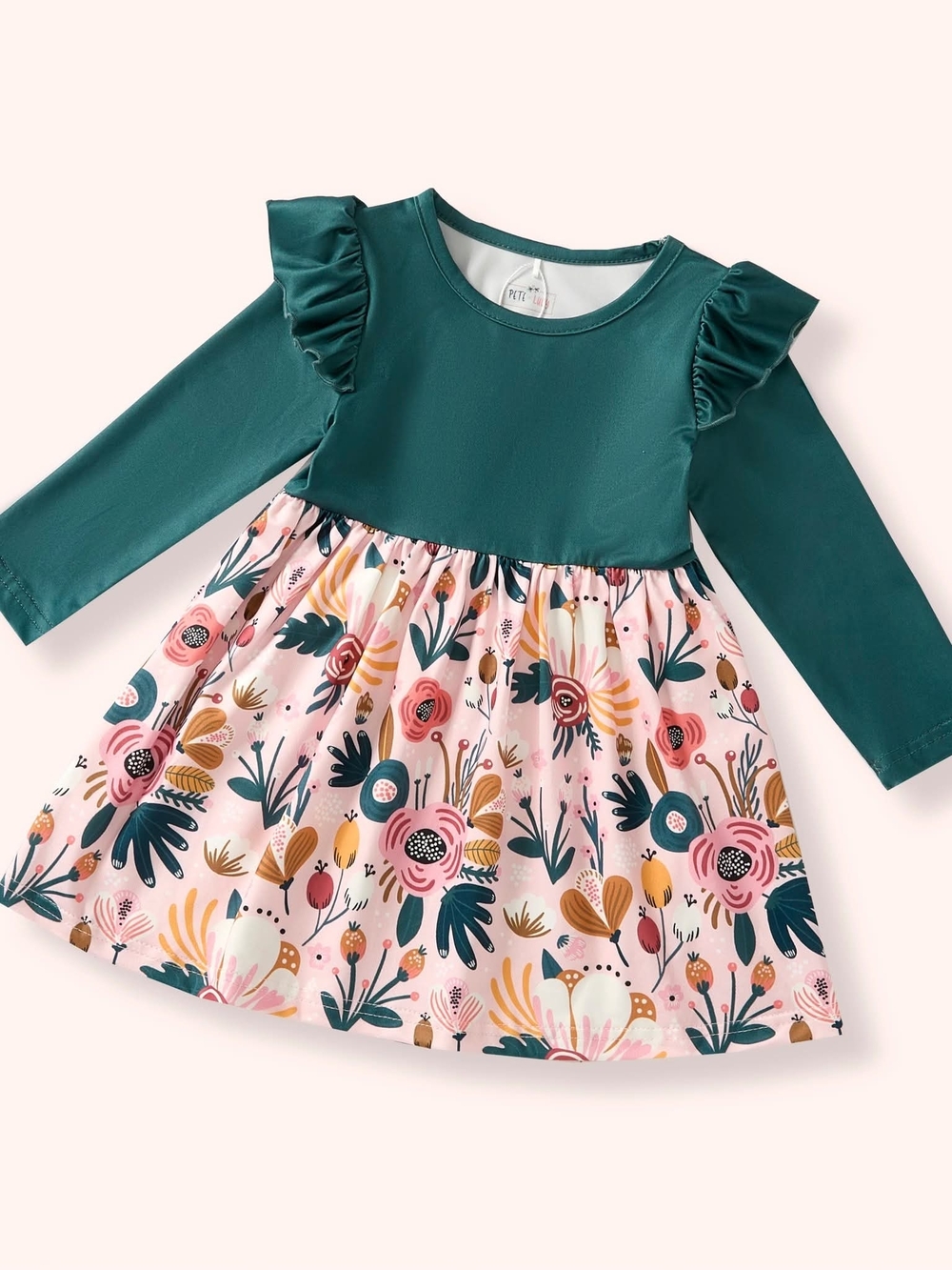 Girls Teal & Pink Floral Ruffle-Sleeve Casual Dress